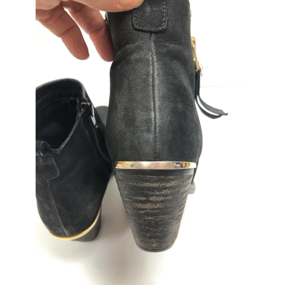Steve Madden Boots Black Suede Leather Bootie Wood Block Heel 7.5 Gold‎ Details - Picture 7 of 11
